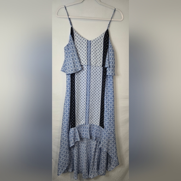 Kaari Blue High Low Dress with Black and Blue Patterns Petite Medium - Picture 1 of 5